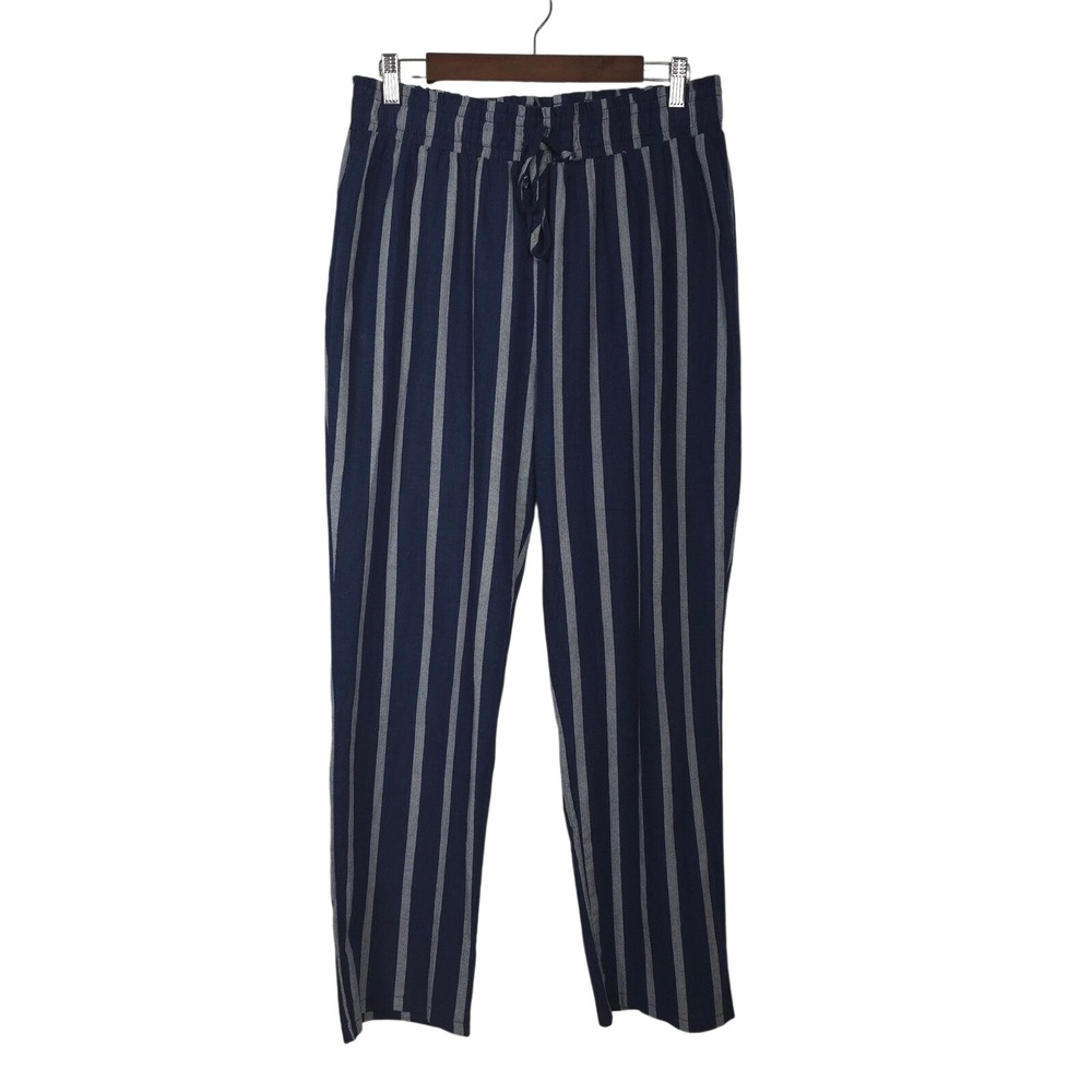 Messini Pants Size Large Striped Linen Blend Navy Blue High Rise Wide Leg